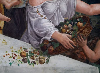 Egy kosár gyümölcs és virág, részlet az Ámor és Psyche házasságát ünneplő rusztikus bankettről a Sala di Amore e Psiche-ből, 1528 freskórészlet a 78427-ből