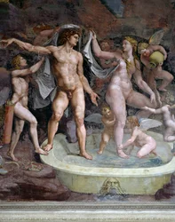 Mars és Vénusz fürdője, Giulio Romano (1499-1546) freskója, Ámor és Psyché kamrájának északi fala, Palazzo Te, Mantova (az UNESCO világörökségi listája, 2008), Lombardia, Olaszország
