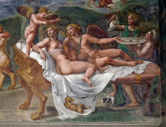 Ámor és Psyché lányukkal, Voluptasszal (Gyönyör), az ágyon fekve, részlet az Istenek menyegzői lakomája vagy bankettje című műből, Palazzo Te, Mantova (UNESCO világörökségi lista, 2008), Lombardia, Olaszország