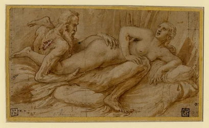 Erotikus jelenet Giulio Romanótól (1499-1546), 1524 után - Toll, ecset, barna tus, fehér festék, fekete kréta papíron