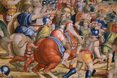 Flamand kárpit. Sorozat Scipio cselekedetei: A zamai csata. Giulio Romano karikaturista. Balthasar van Vlierden (?) műterme, Brüsszel. 1523-1532. Részlet.