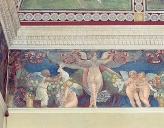 Fríz a Camera con Fregio di Amorini, a Puttofríz terme című helyiségből, két puttó részlete, akik közül az egyik fekete, és nyulakkal játszanak, 1520-as évek