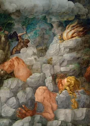 Az Olymposz ostromára törő óriásokat összezúzzák a lezuhanó sziklák (freskó)