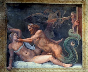 Olümpiát Jupiter elcsábítja, villámát pedig egy sas ragadja meg, amely kifúrja a féltékeny makedón király szemét, az Amore e Psiche-teremből, 1528