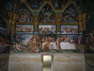 Esküvői lakoma vagy istenek bankettje, Giulio Romano (1499-1546) freskója, Ámor és Psyche Kamara nyugati fala, Palazzo Te, Mantova (UNESCO Világörökségi Lista, 2008), Lombardia, Olaszország
