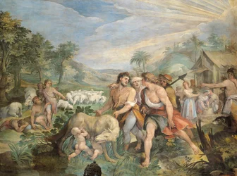 Romulus és Remus, akiket egy nőstényfarkas szoptat, Faustulus talál rájuk a Tiberis partján, Giuseppe Cesari (1568-1640) alkotása, freskó, Horatiusok és Curiatiusok terme, Konzervátorok palotája, Róma, Római Királyság, Olaszország