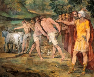 Romulus Róma határait jelöli, Giuseppe Cesari (1568-1640), freskó, Horatii és Curiatii csarnok, Konzervatóriumok Palota, Róma, Római Királyság, Olaszország