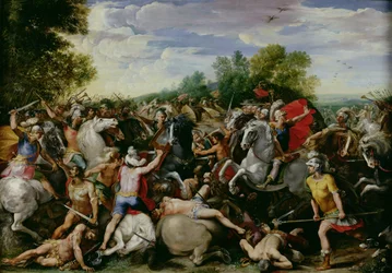 Tullus Hostilius (Kr.e. 672-640) győzelme a Veii és Fidenae erők felett (olaj a táblán)