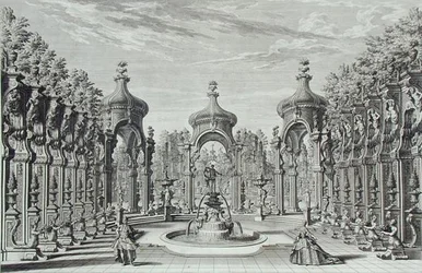Tervezet egy kertben való szórakozáshoz, az "Architectus Theatralis Primarius"-ból, Johann Andreas Pfeffel (1674-1748) metszete, megjelent 1740-ben (metszet).