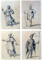 Jelmeztervek allegorikus karakterekhez. Guiseppe Arcimboldo (1530-1593 körül) olasz festő. Toll, kék tinta és akvarell, papír.