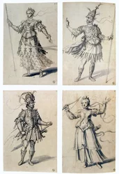 Guiseppe Arcimboldo (1530-1593 körül) olasz festő. Klasszikus istenségek jelmeztervei. Diana/Artemisz és Mars/Ares. Guiseppe Arcimboldo (1530-1593 körül) olasz festő. Toll, kék tinta és akvarell, papír.