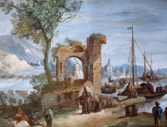 Képzeletbeli kilátás: Kikötő romokkal és vízeséssel, Giuseppe Bernardino Bison (1762-1844)