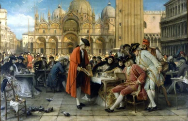 Francesco Guardi festő a Florian kávéház előtt árulja festményeit. 1892. Giuseppe Bertini festménye. Galleria d