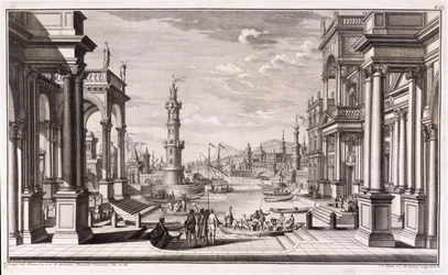 Kis kikötő barokk stílusú oszlopokkal, az „Architectus Theatralis Primarius”-ból, 1740-ben