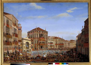 I. Napóleon velencei látogatása 1807. november 28-tól december 8-ig: A császár a Baldi-palota erkélyéről a Canal Grande regattáit vezeti, megérkezik a versenyről, 1807. december 2. Giuseppe Borsato (1771-1849) festménye. 1807 V. 0,65 x