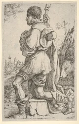 Szent Rókus kövön térdelve, oldalról nézve kutyájával a háta mögött és egy várossal..., 1620-30.