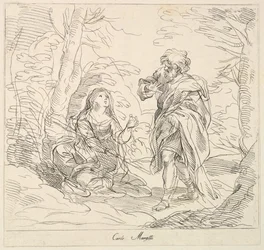 Ülő nő és szakállas férfi egy tájban, 1740-1802.