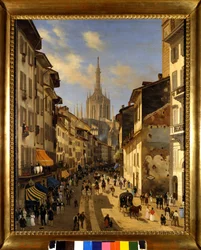 Kilátás a Corsia dei Servire (jelenlegi Corso Vittorio Emanuele) Milánóban. Giuseppe Canella (1788-1847) festménye 1834 Milánó, Milánói Múzeum