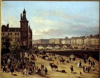 Kilátás a virágsétára, az óratoronyra, a Pont au Change-re és a Pont-Neuf-ra Párizsban Giuseppe Canella l