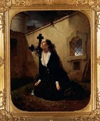 Giuseppe Molteni (1800-1867) Manara ezredes szeretteinek vagy feleségének siralmas elvesztése férje sírjánál, olaj, vászon