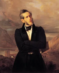 Alessandro Manzoni portréja Lecco látképével, Giuseppe Molteni (1800-1867) festménye, Massimo d