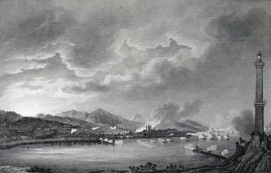Genovát az angol flotta bombázza, 1800. május 25., acélmetszet Giuseppe Pietro Bagetti (1764-1831) rajzából, Párizs