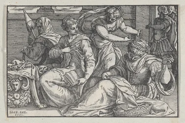 Lukrécia kézimunkára tanítja lányait, 1557.