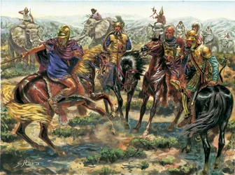 Ókori Róma: Amsicora (Hampsicora vagy ampsicora) lázadása (Kr. e. 3. század) Latifundista karthágóiak a római hatalom ellen Kr. e. 215-ben - Ókori Róma: Amsicora lázadása Róma ellen i. e. 215-ben - Giuseppe Rava illusztrációja.