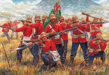 Angol-zulu háború: a Brit Birodalom katonái az isandhlwanai csatában (Isandlwana vagy Isandula), Dél-Afrikában, 22/01/1879 - Giuseppe Rava illusztrációja