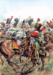 Austerlitz-i csata 1805. december 2-án, csata a Nagy Hadsereg katonái, az oroszok és az osztrákok között - Austerlitz-i csata, 1805. december 2., I. Napóleon hadserege az orosz és az osztrák seregek ellen - Giuseppe Rava illusztrációja.
