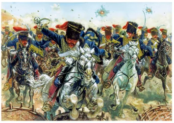 Krími háború: az 1854. 10. 25-i balaklavai csata, az angol lovasság rohama - Krími háború: a brit lovasság rohama az 1854. október 25-én vívott balaklavai csatában - Giuseppe Rava illusztrációja