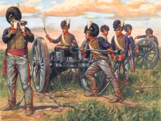 Első birodalom: Az első birodalom: angol tüzérségi katonák ágyút töltenek az 1815-ös waterlooi csatában - Első birodalom: a brit hadsereg katonái ágyút töltenek az 1815-ös waterlooi csatában - Illusztráció: Giuseppe Rava