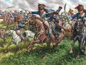 Első birodalom: a 15. angol dragonyos ezred támadása a waterlooi csatában 1815. június 18-án - Első birodalom: a 15. angol dragonyos ezred támadása Waterlooban 1815. június 18-án - Illusztráció: Giuseppe Rava
