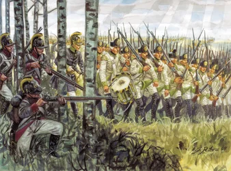 Első birodalom: az osztrák gyalogság katonái előrenyomulva 1798 körül - 1805 - Első birodalom: az osztrák gyalogság katonái menetelnek
