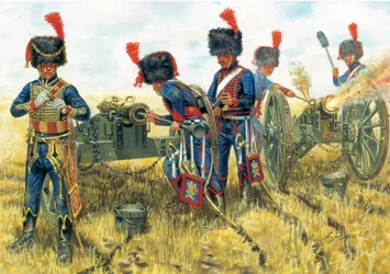 Első birodalom: I. Napóleon császári gárdájának tüzérségének katonái a waterlooi csatában 1815. június 18. - Első birodalom: I. Napóleon császári gárdájának lovastüzérségének katonái Waterloo-ban 1815. június 18-án - Illusztráció: Giuseppe Rava