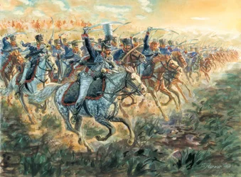 Első birodalom: a porosz huszárok rohamai 1810 körül - Első birodalom: porosz huszárok rohamai - Giuseppe Rava illusztrációja