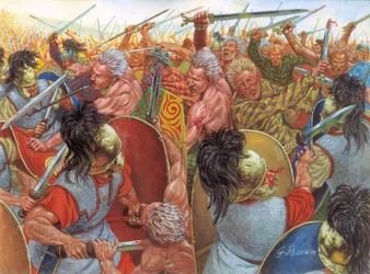 Galliai háború: "Alesia ostroma i.e. 52-ben" A döntő csata Jules Cesar és Vercingetorix serege között a mai Alise-Sainte-Reine helyén - (gall háború: Alesia ostroma i.e. 52-ben, Julius Caesar és Vercingetorix csatája).