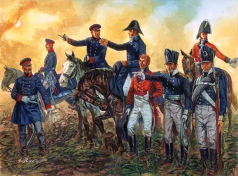 Napóleoni háború: Arthur Wellesley, Wellington hercege (1769-1852) a brit csapatok parancsnoka és Gebhard Leberecht von Blucher (1742-1819) a porosz hadsereg parancsnoka a waterlooi csatában 18/06/1815 - (Napóleoni háborúk: parancsnokok Wellington hercege 