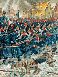 Poroszországi hadjárat: A császári gárda gránátosai az eylaui csatában 1807. február 8-án - Poroszországi hadjárat: "A fegyver a karban": Eylau-i csata (vagy Preussisch-Eylau-i csata) 1807. február 7-én és 8-án Napóleon Grande Armee-ja és egy orosz E