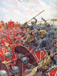 Római antikvitás: I. Constantinus és Maxentius római császárok közötti csata a Milvius hídon 312. október 28-án Róma közelében - Illusztráció: Giuseppe Rava