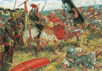 Római ókor: Julius Caesar (Kr. e. 100-44) Kr. e. 45. március 17-én Dél-Spanyolországban megnyeri a mundai csatát a köztársaság hívei ellen - Illusztráció