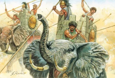 Római antikvitás: Hannibál elefántjai - az elefántok ábrázolása, amelyek segítségével Hannibál tábornok (Kr. e. 247-183) Kr. e. 218-ban, a második pun háború idején átkelt az Alpokon Illusztráció: Giuseppe Rava