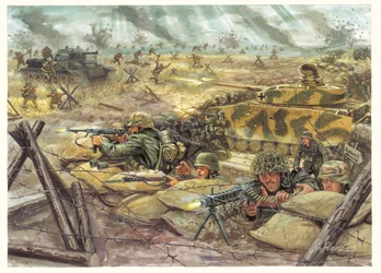 Második világháború: 1943-as kurszki csata a német és a szovjet erők között - II. világháború: Rava illusztrációja: Giuseppe Rava.