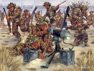 Második világháború: angol katonák partra szállása Normandiában 1944 júniusában - II. világháború: Rava illusztrációja: Giuseppe Rava.