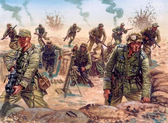 Második világháború, észak-afrikai hadjárat: a Deutsches Afrikakorps (Afrika Korps, Afrikakorps vagy DAK), a német expedíciós haderő katonája a líbiai sivatagban.