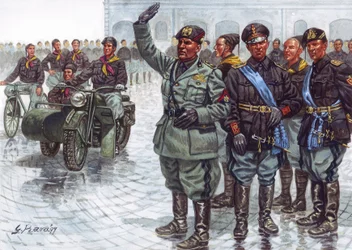 A Duce Benito Mussolini (1883-1945), a feketeingesek (Camicie nere) kíséretében, fasiszta üdvözletet mond egy katonai felvonuláson - Benito Mussolini és a feketeingesek egy katonai felvonuláson - Giuseppe Rava illusztrációja.