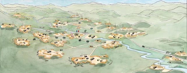 Indokínai háború: Dien Bien Phu (Dien-Bien-Phu) csata terve a francia hadsereg és a vietnami hadsereg között 1953 novembere és 1954 májusa között - Első indokínai háború: a Dien Bien Phu-i csata térképe a Francia Unió Francia Távol-keleti Expedíciója közöt