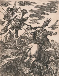 Perszephoné megerőszakolása Plútóval a jobb oldalon lóháton, 1590-1607.