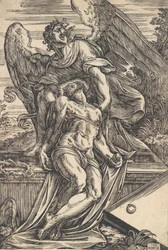 A halott Krisztus egy angyal által támogatott, 1582.
