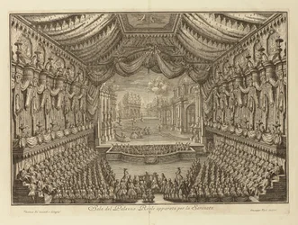 A La Serenata előadása a nápolyi királyi palotában par Vasi, Giuseppe (1710-1782). Rézmetszet, mérete: 41,5x62